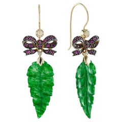 Carved Jade Leaf and Ruby Bow Edwardian Style Drop Earrings in 9K Gold