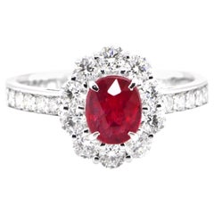 Bague en platine sertie de diamants et rubis non chauffé de 0,99 carat, certifié GIA