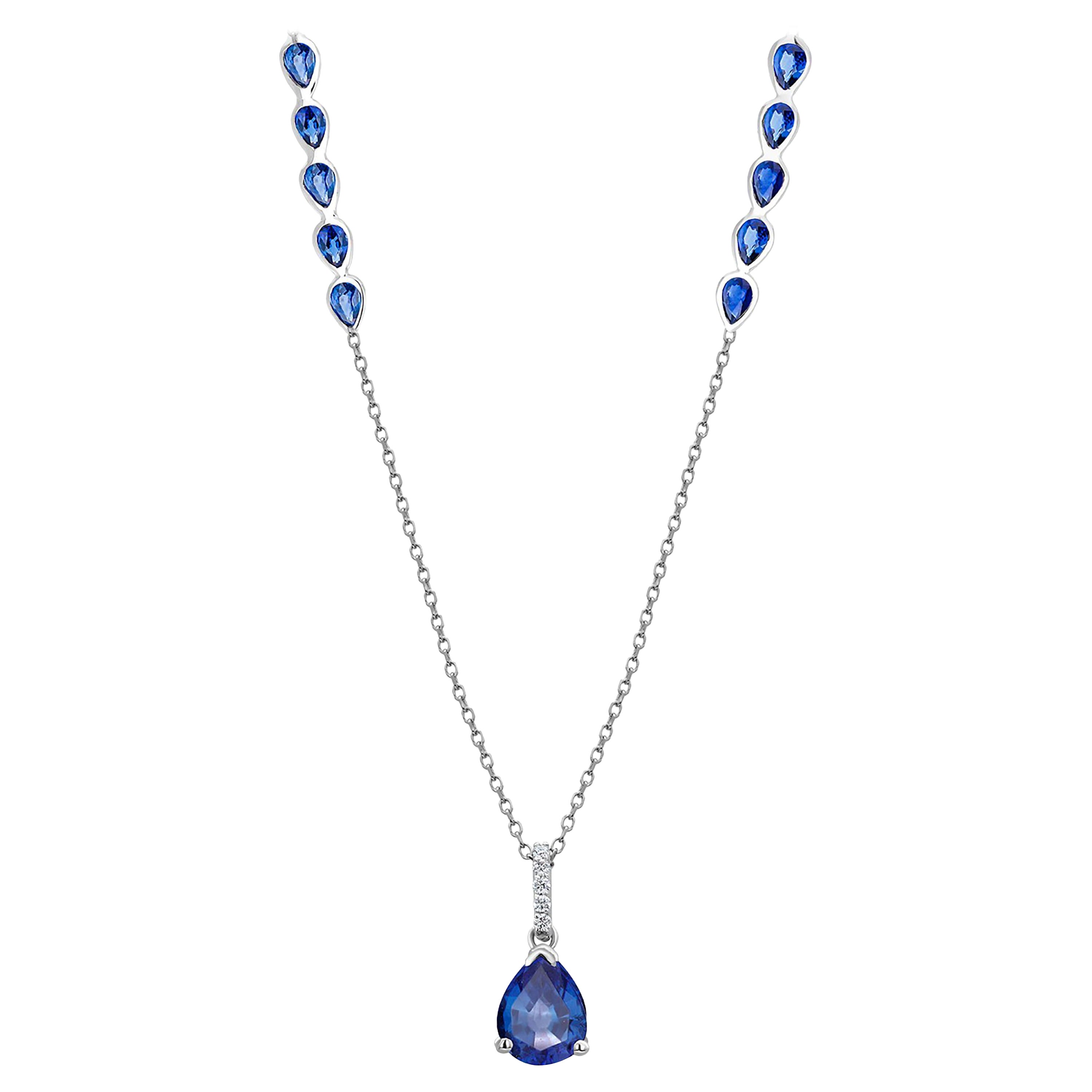 Eleven Pear Sapphires Diamonds 4.83 Carat White Gold 19.5 Inch Long Necklace For Sale