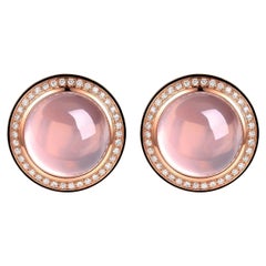 Cabochon Rose Quartz Diamond Enamel Earrings in 18 Karat Rose Gold