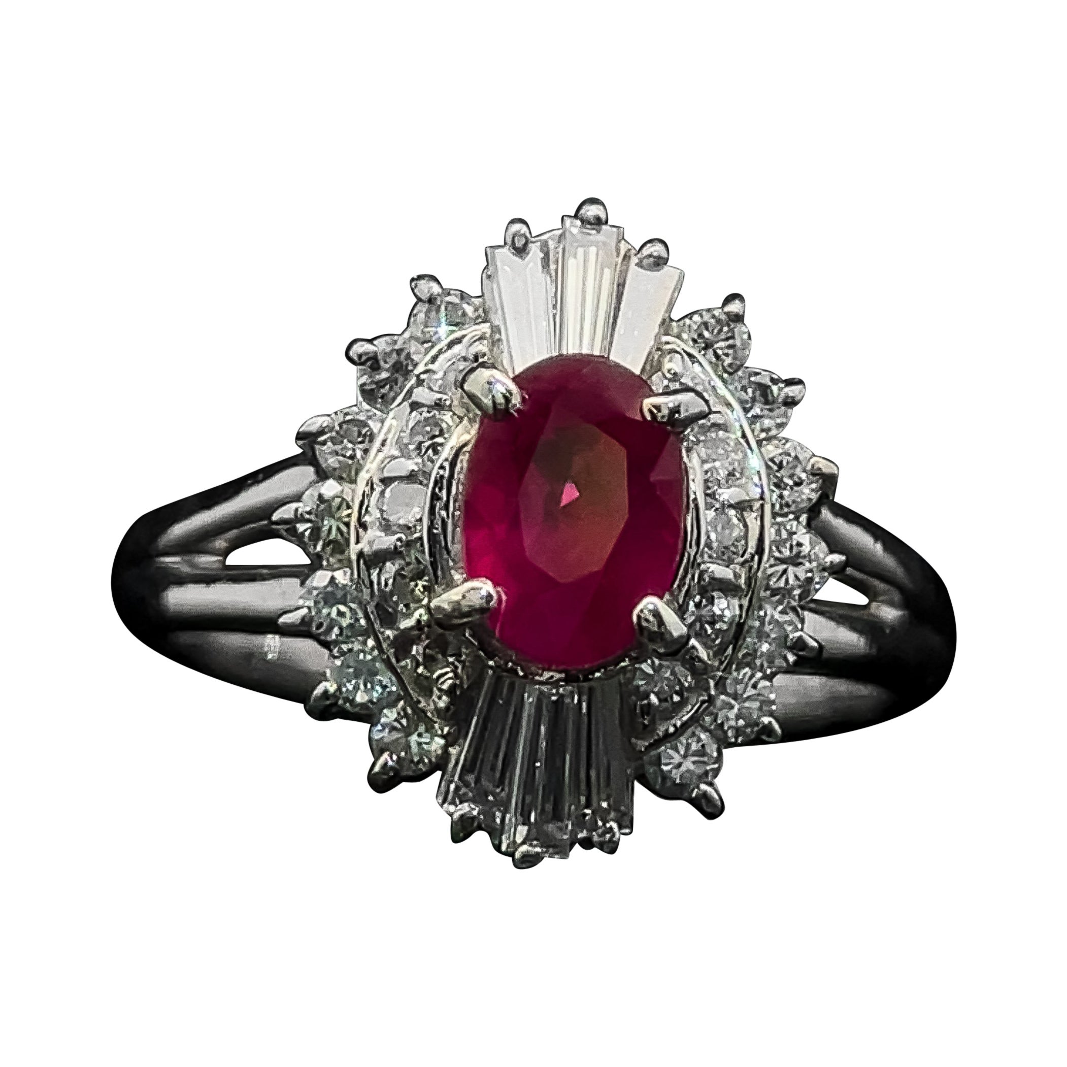 Ruby and Diamond Ballerina Cocktail Estate Ring in Platinum For Sale