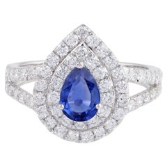 Pear Blue Sapphire Gemstone Ring Diamond 14 Karat White Gold Handmade Jewelry