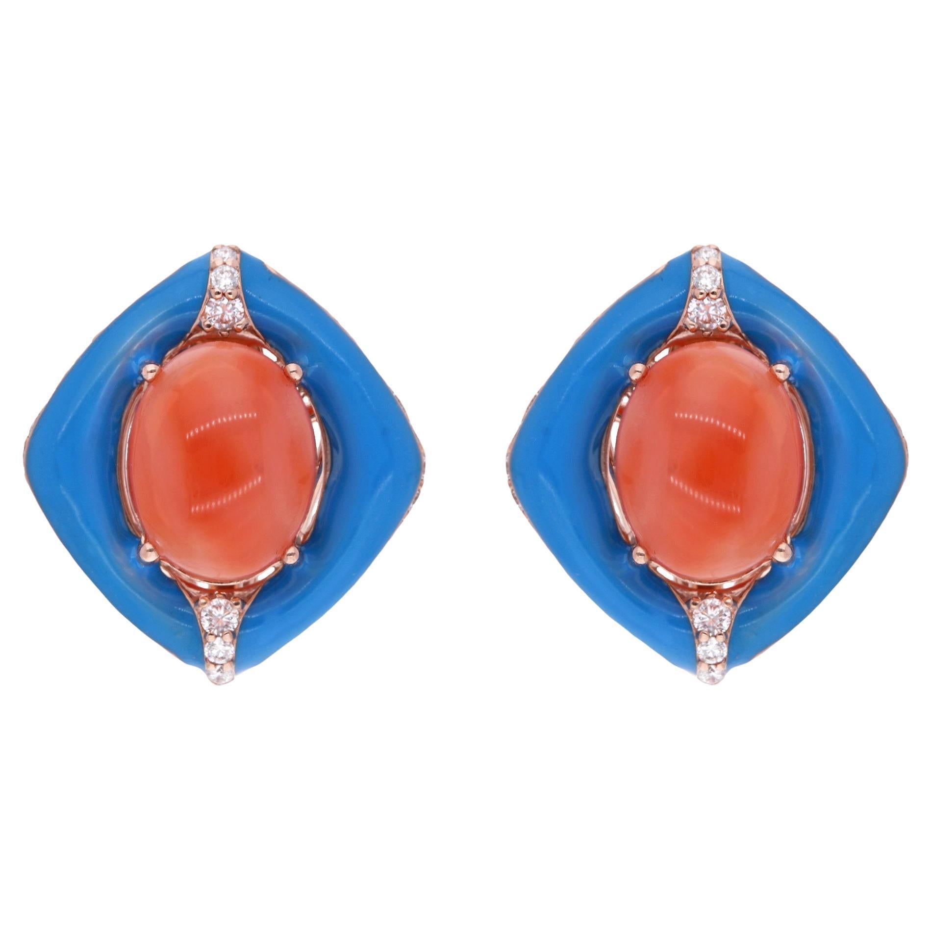 Oval Red Coral Gemstone Stud Earrings Enamel Diamond 14 Karat Rose Gold Jewelry