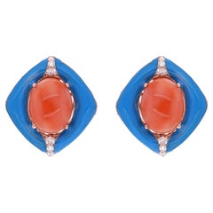 Vintage Oval Red Coral Gemstone Stud Earrings Enamel Diamond 14 Karat Rose Gold Jewelry