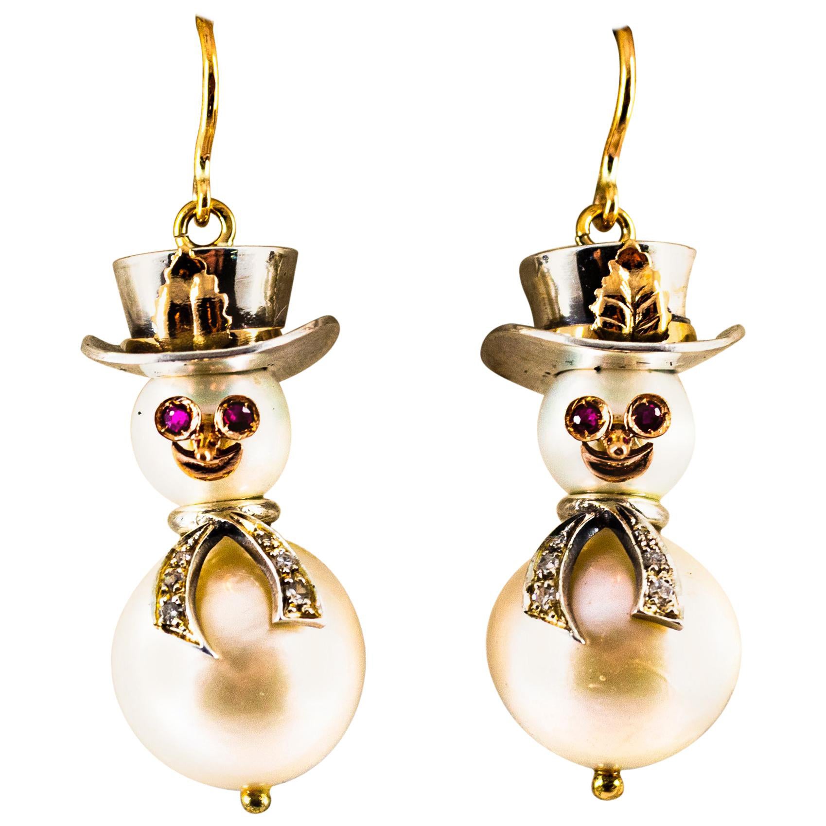 Modern White Diamond Ruby Oriental Pearl Yellow Gold "Snowman" Stud Earrings For Sale