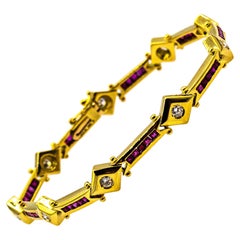 Bracelet tennis de style Art déco en or jaune avec diamants blancs de 2,72 carats et rubis