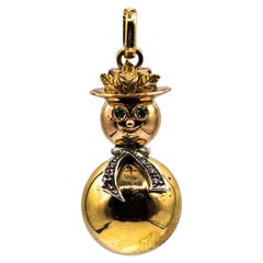 Modern Handcrafted White Diamond Emerald Yellow Gold "Snowman" Pendant Necklace