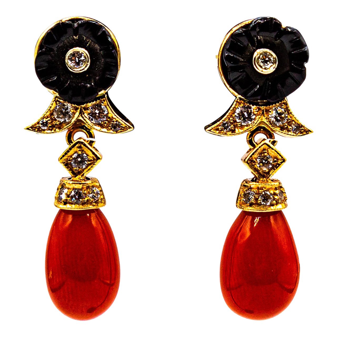 Art Deco Style Mediterranean Red Coral White Diamond Yellow Gold Stud Earrings For Sale