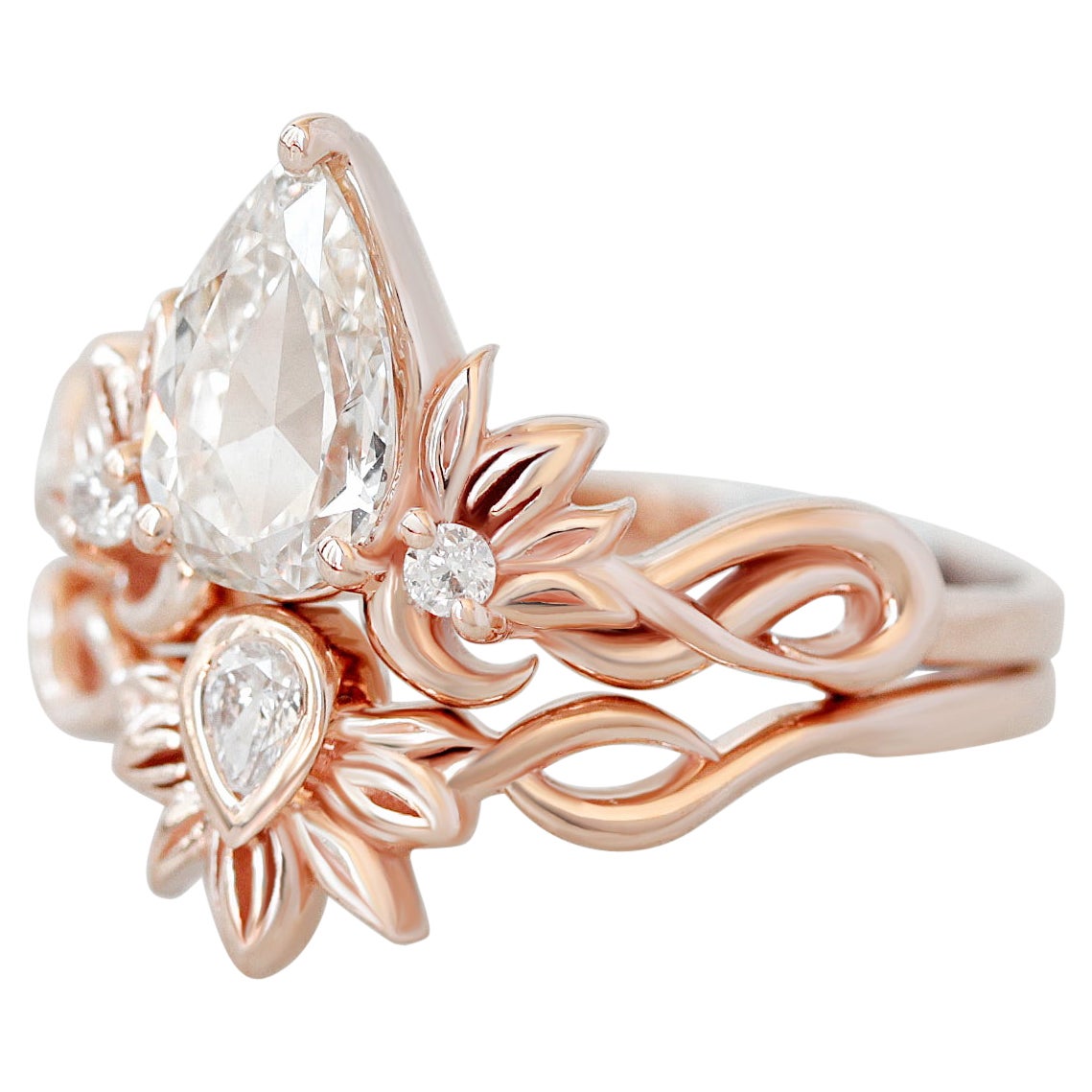 For Sale:  Rose Cut Pear Shape Tropical Nature Solitaire Bridal Ring Set, Champagne Diamond