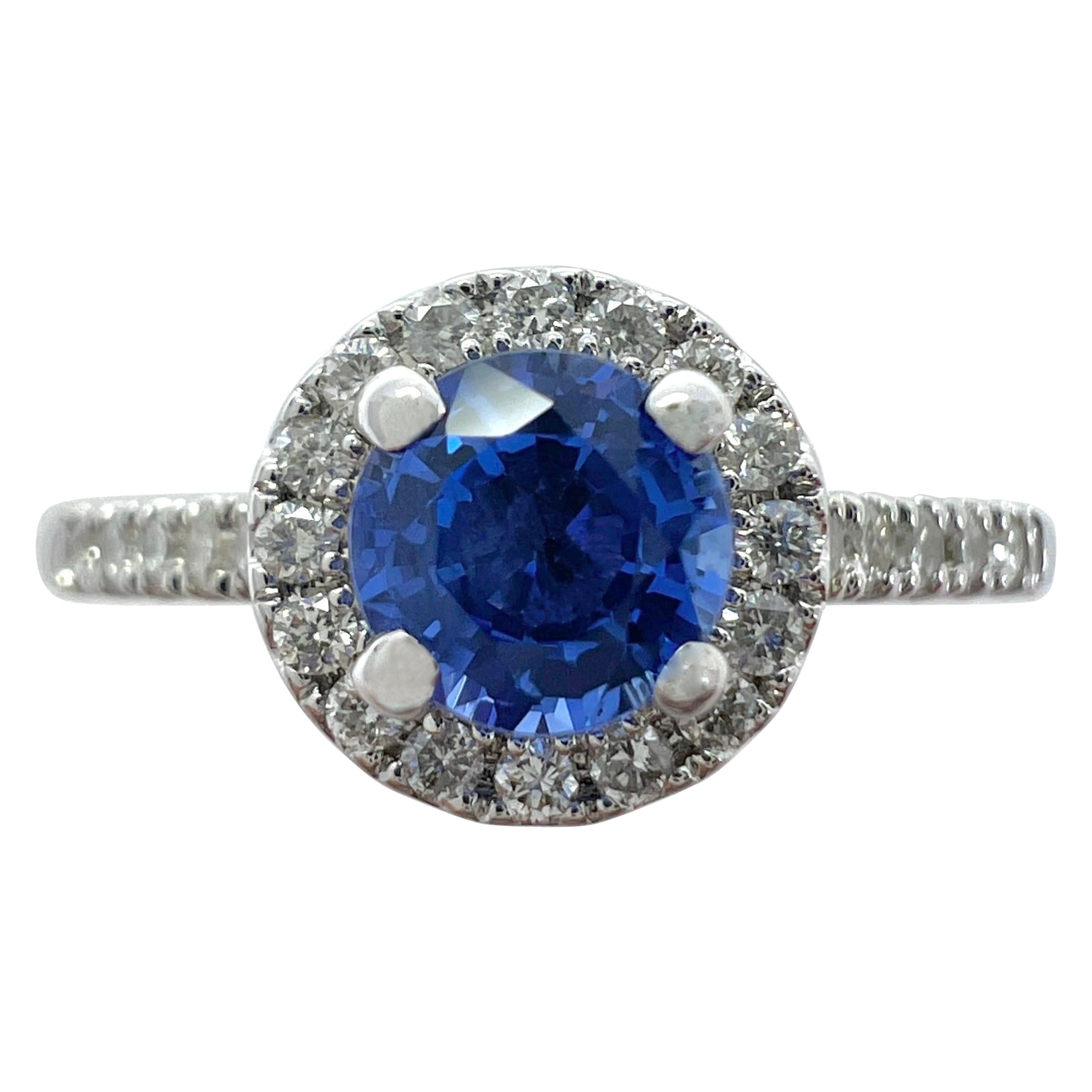 Fine Vivid Blue Round Cut Ceylon Sapphire Diamond White Gold Halo Cocktail Ring For Sale