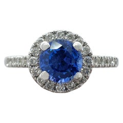 Used Fine Vivid Blue Round Cut Ceylon Sapphire Diamond White Gold Halo Cocktail Ring
