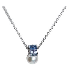 Mikimoto Ocean Pearl Diamond Sapphire 18 Karat White Gold Pendant and Chain
