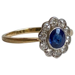 Old Cut Diamond & Sapphire Original Art Deco Halo Ring in 18ct Gold & Platinum