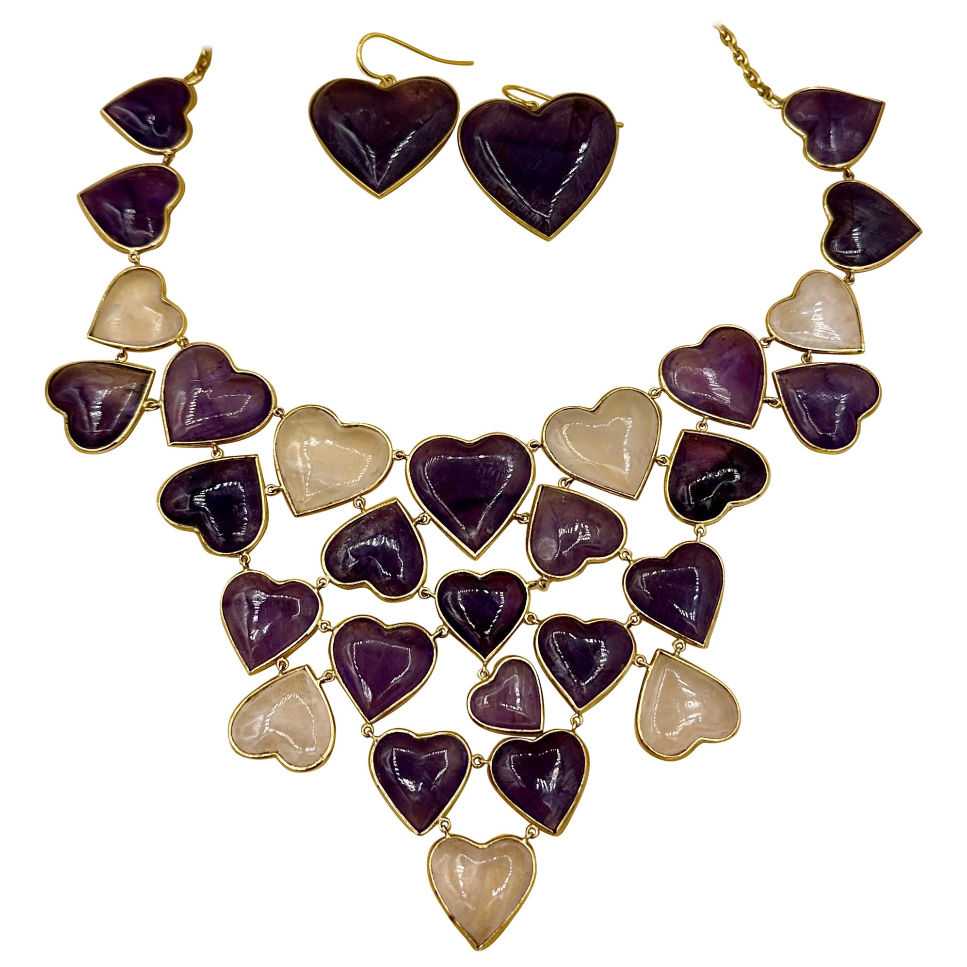 Amethyst Rose Quartz Heart Necklace and Earrings 14 Karat Gold Ms. Daves Estate For Sale