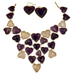 Vintage Amethyst Rose Quartz Heart Necklace and Earrings 14 Karat Gold Ms. Daves Estate