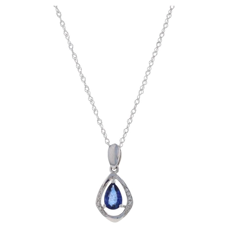 White Gold Sapphire & Diamond Pendant Necklace 17 3/4" - 18k Pear .51ctw For Sale