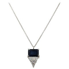 White Diamond and Blue Sapphire Pendant Necklace in 8K White Gold