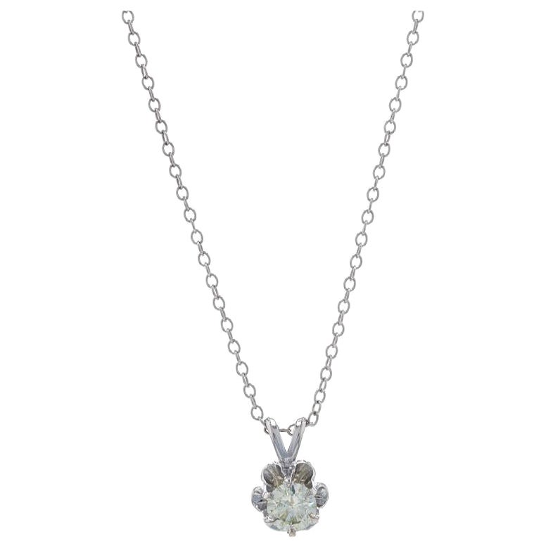 White Gold Diamond Solitaire Necklace 17 3/4" - 14k Round .40ct Floral Buttercup For Sale