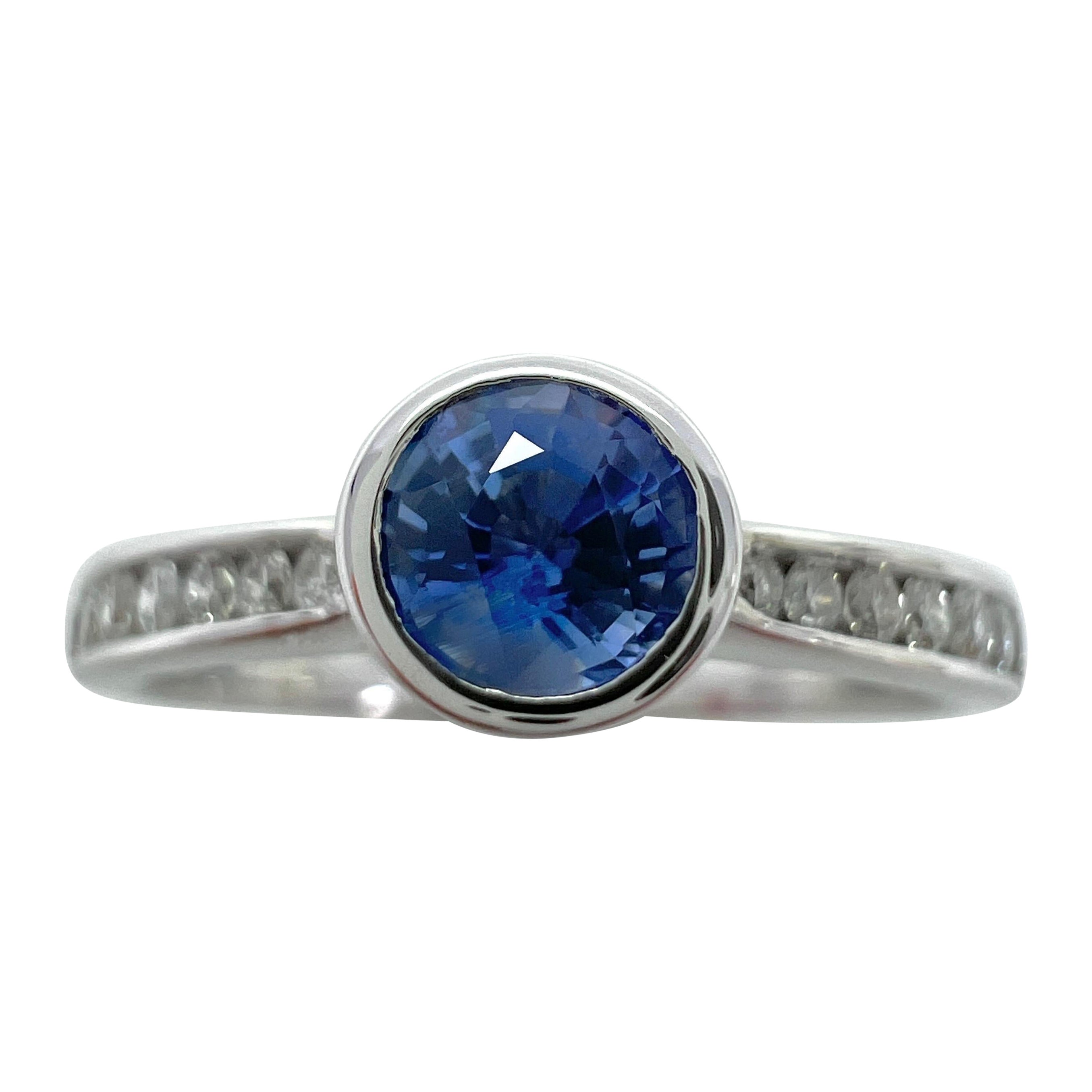 Fine Vivid Blue Round Cut Ceylon Sapphire Diamond White Gold Bezel Rubover Ring For Sale
