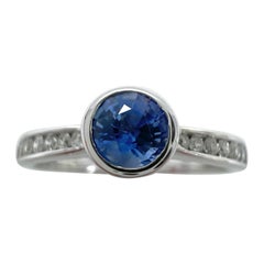 Used Fine Vivid Blue Round Cut Ceylon Sapphire Diamond White Gold Bezel Rubover Ring