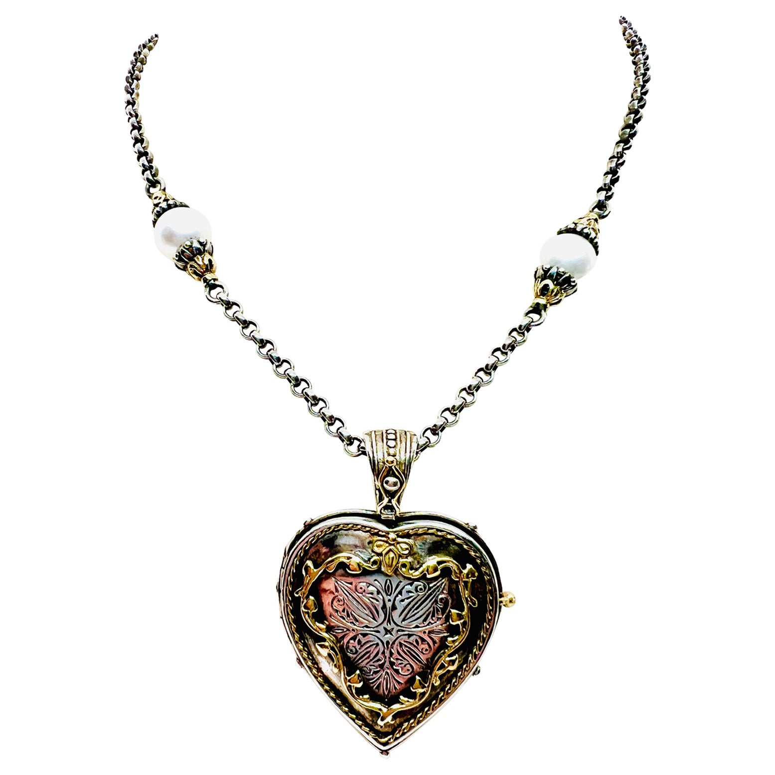 Konstantino Sterling Silver 18k yellow Gold & Pearl Necklace with heart Pendant  For Sale