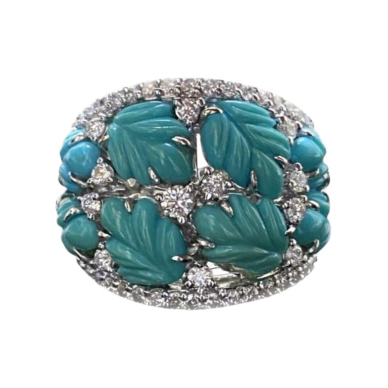 One of a Kind Handmade 18K White Gold Carved Turquoise Diamond Cocktail Ring For Sale