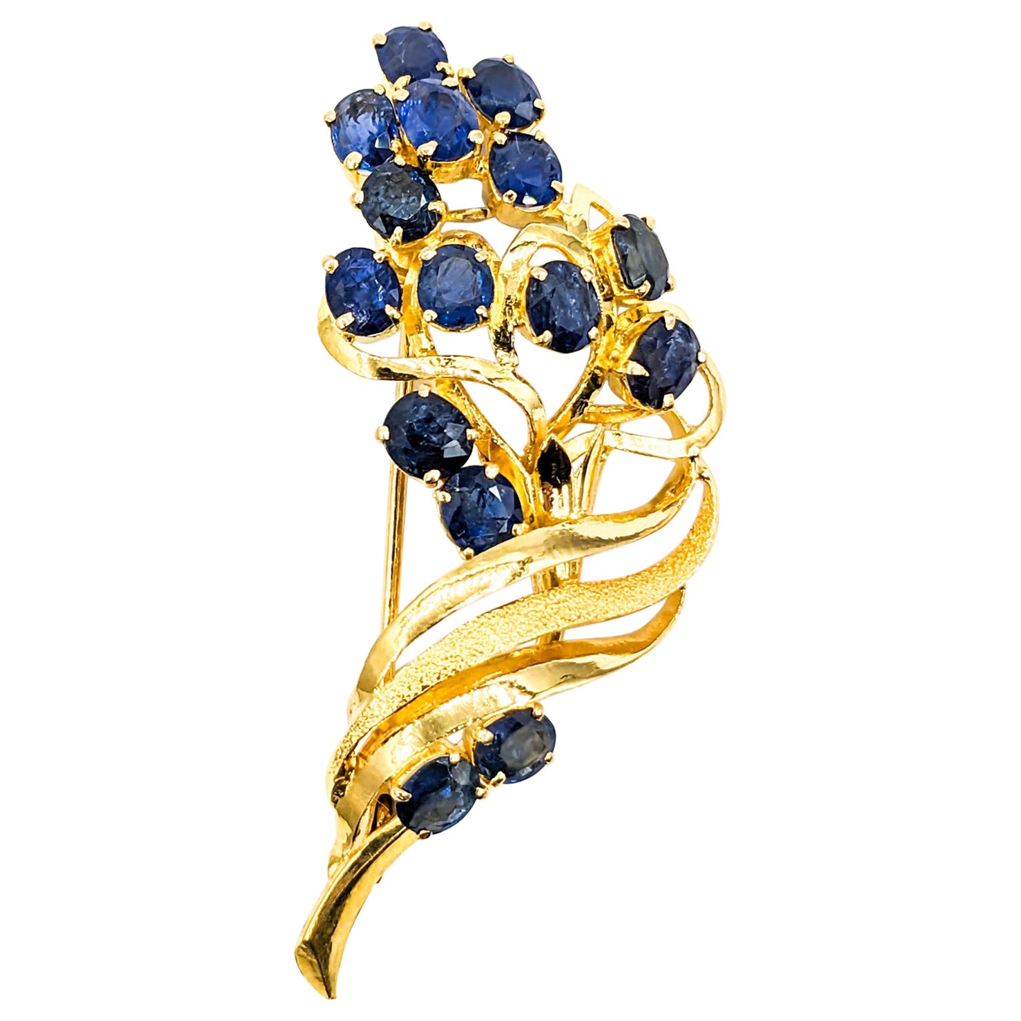Freeform Floral Sapphire Brooch in Gold For Sale