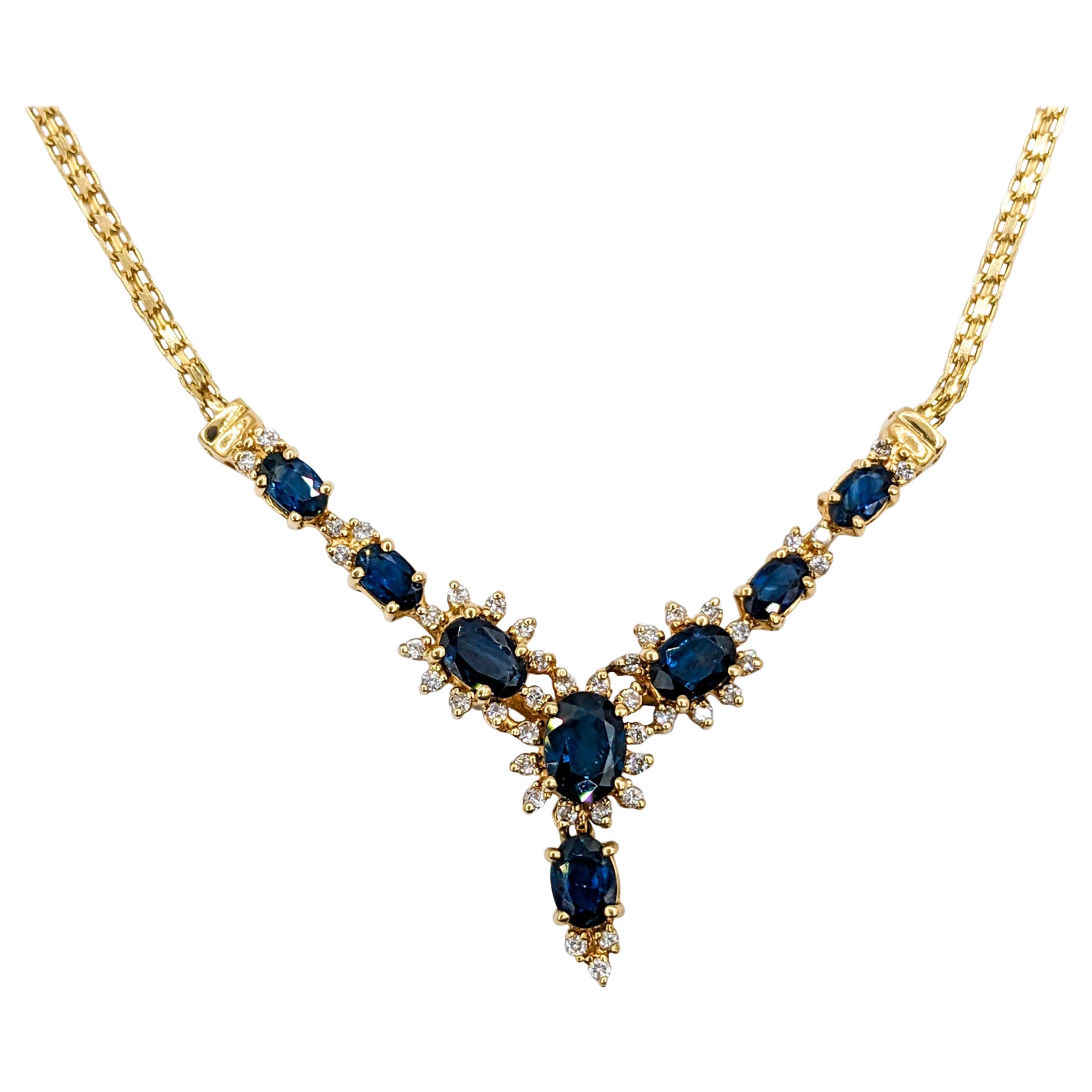 Sapphire & Diamond Halo Necklace in Yellow Gold For Sale