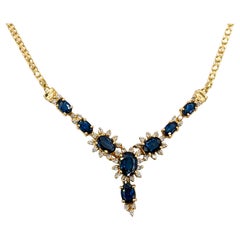 Vintage Sapphire & Diamond Halo Necklace in Yellow Gold