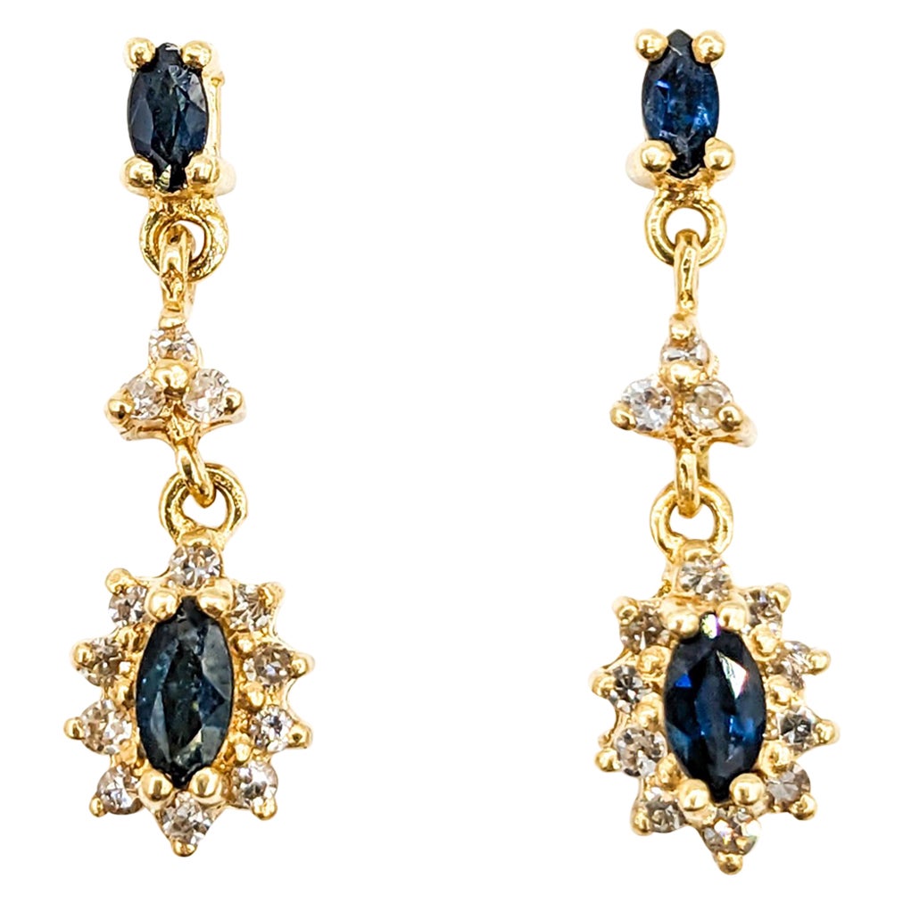 Sapphire & Diamond Halo Dangle Stud Earrings in Yellow Gold For Sale