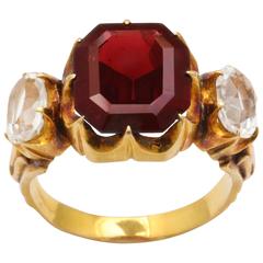 Victorian Octagon Garnet Rock Crystal Gold Ring, 18kt Victorian Octagon Garnet Rock Crystal Gold Ring, 18kt