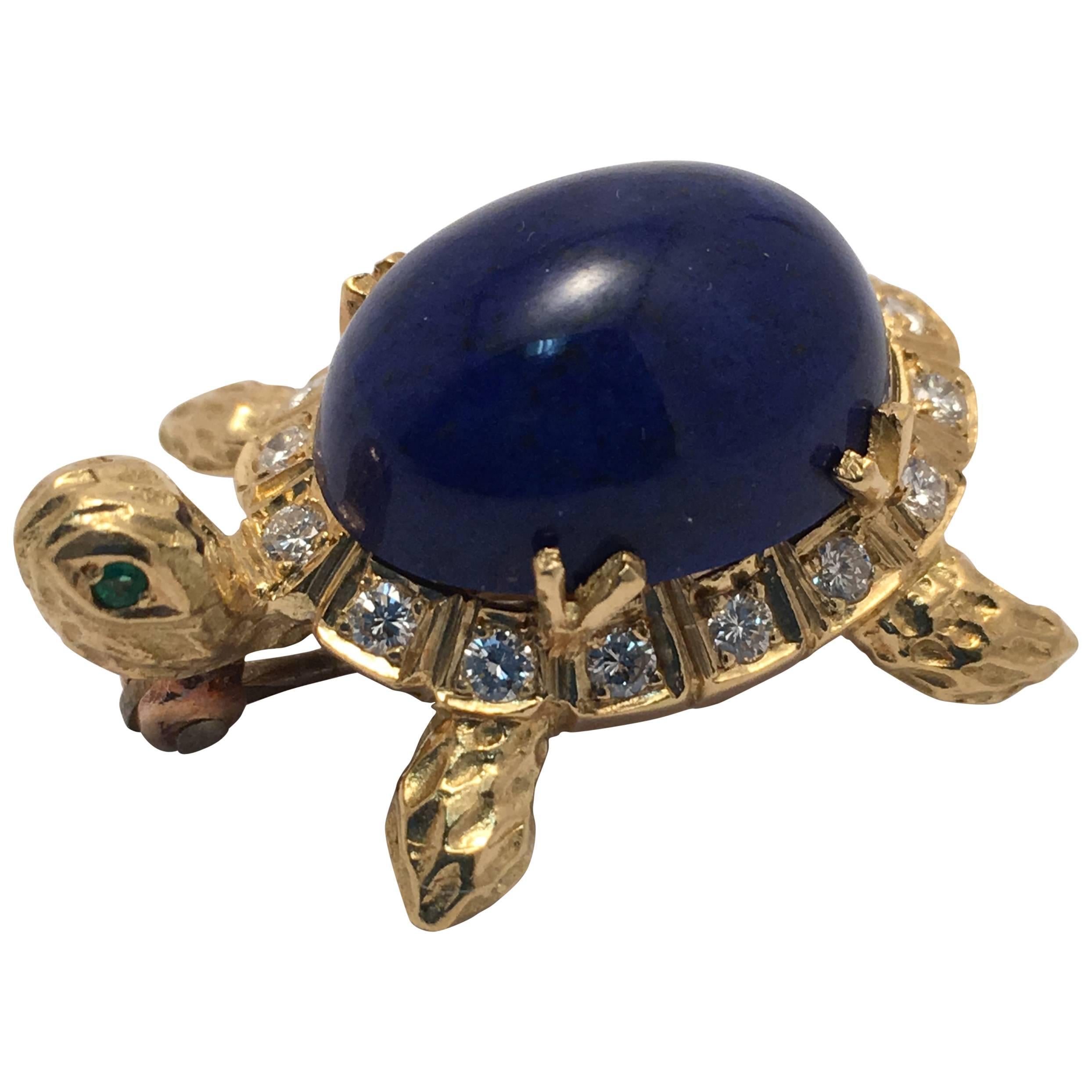 18 Kt. Yellow Gold Lapis Lazuli and Diamond Turtle Brooch For Sale
