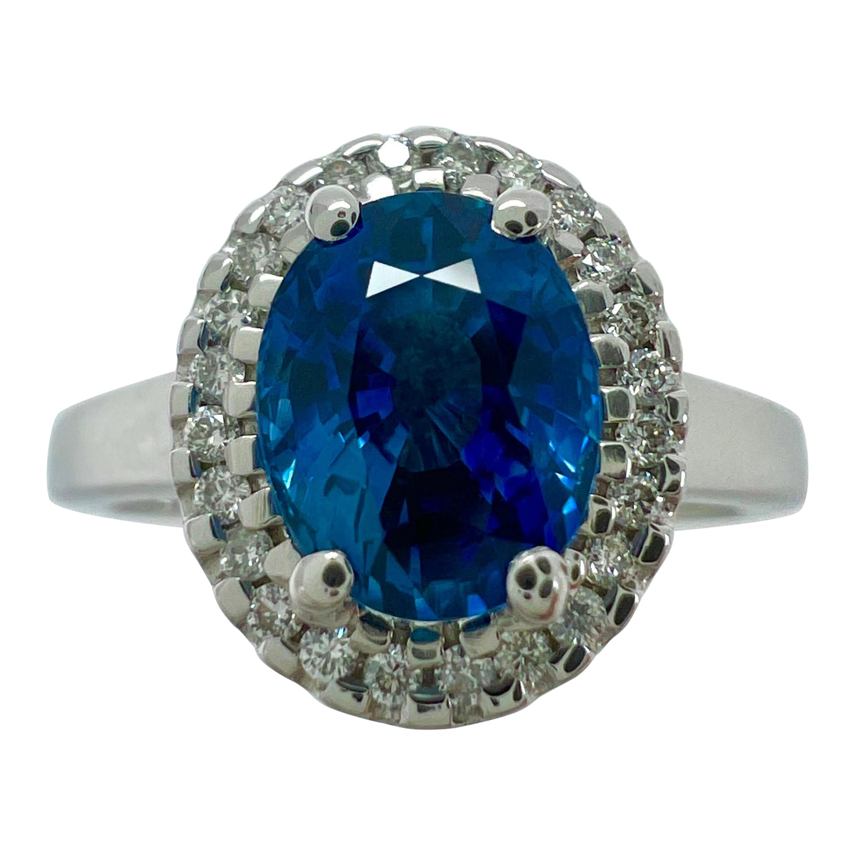 1.56 Carat Fine Vivid Blue Ceylon Sapphire And Diamond 18k White Gold Halo Ring