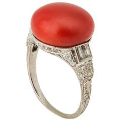  Art Deco Oxblood Coral and Diamond Ring