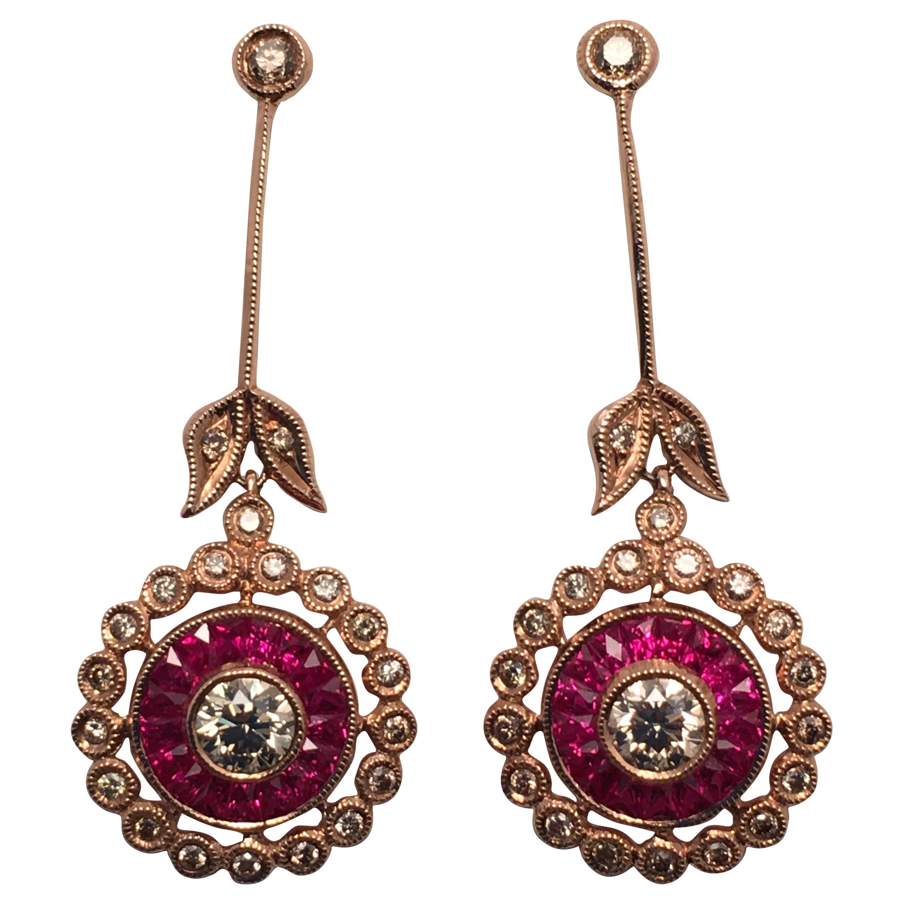14 Kt. Rose Gold Ruby and Diamond Flower Motif Earrings
