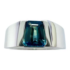 Bi Color Blue Green Australia Sapphire Fancy Cut 18k White Gold Signet Band Ring