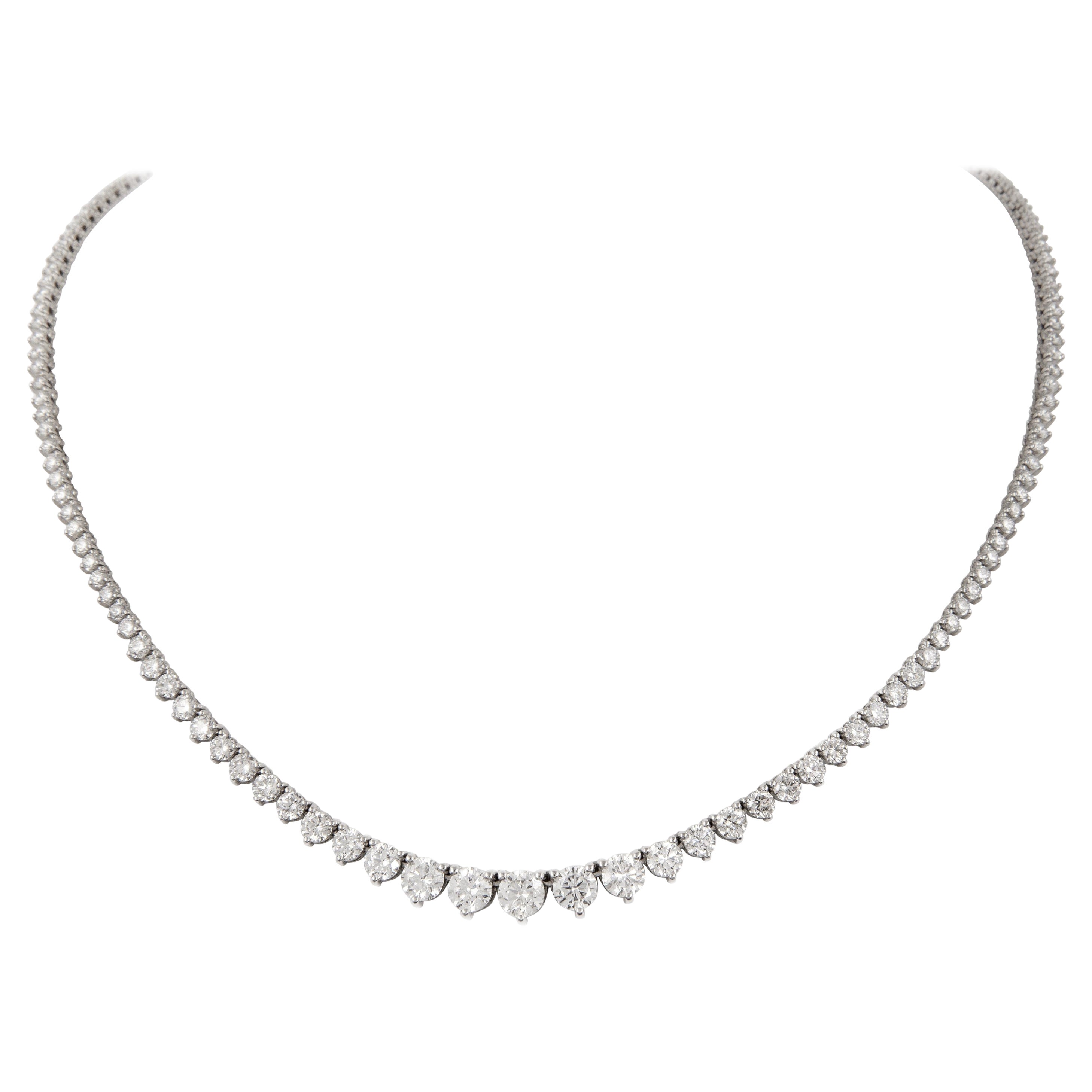 Alexander 9.26 Carat Diamond Three-Prong Tennis Riviera Necklace 18k White Gold For Sale