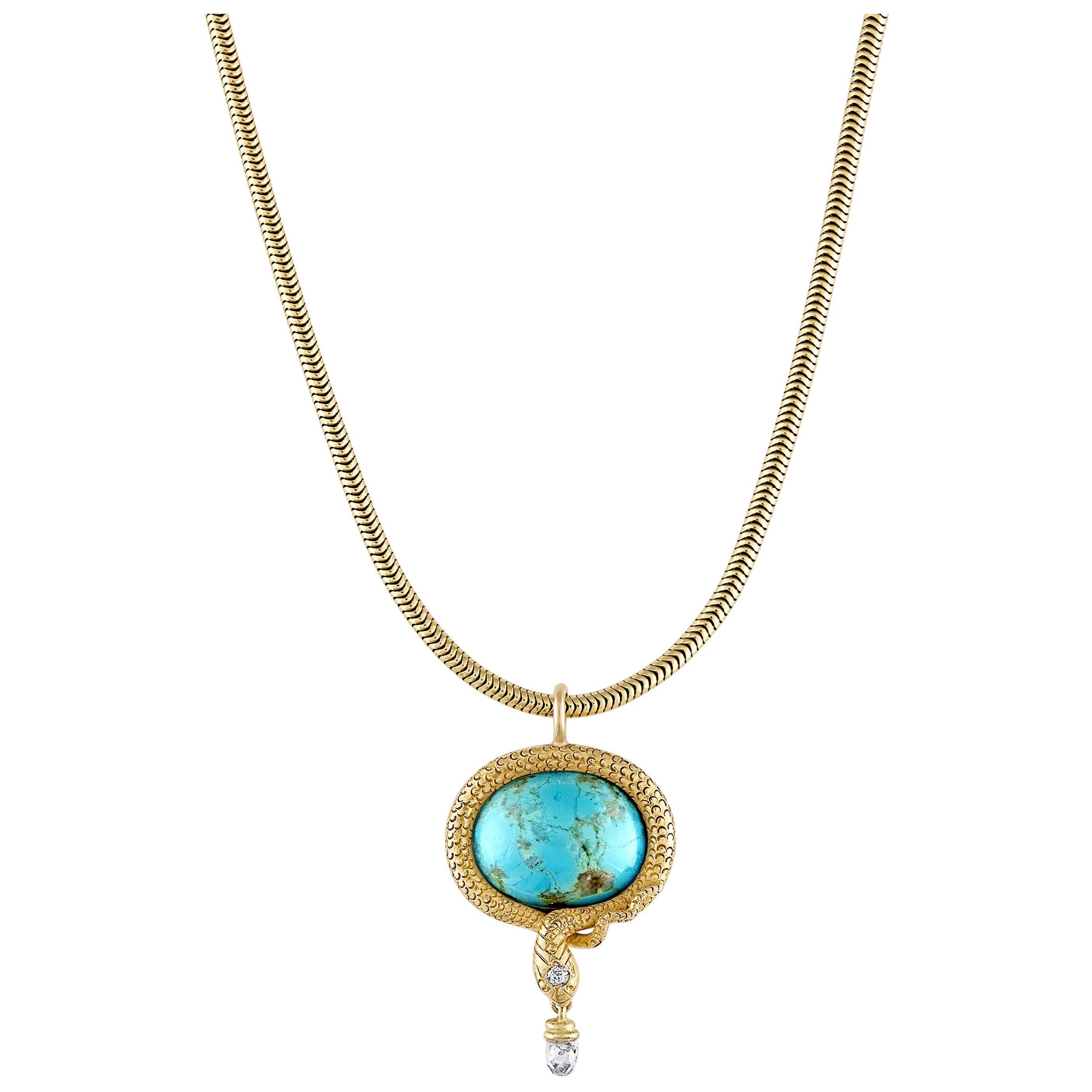 Mindi Mond Victorian Turquoise Briolette  Diamond Gold Snake Pendant   For Sale