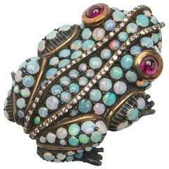 Vintage Whimsical Opal Ruby and Diamond Frog Brooch