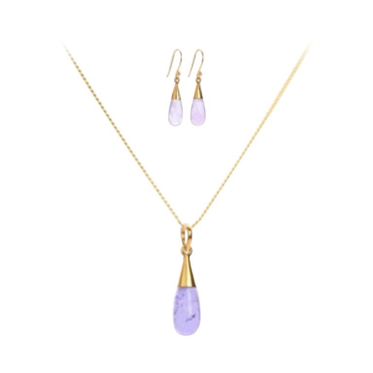 18K Gold Amethyst Crown Chakra Droplet Pendant Necklace & Earrings Gift Set For Sale
