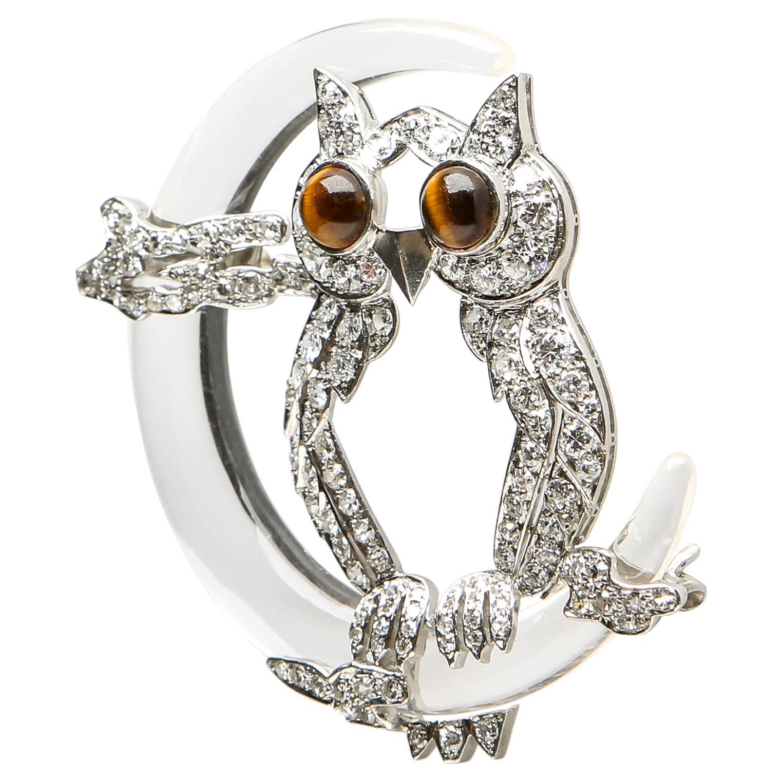 Rock Crystal Crescent Moon Platinum Diamond Owl Brooch For Sale