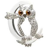 Rock Crystal Crescent Moon Platinum Diamond Owl Brooch
