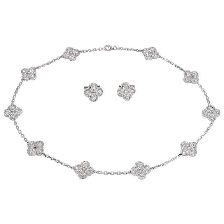 Van Cleef and Arpels Diamond Alhambra Necklace and Earrings at 1stDibs | van  cleef alhambra diamond necklace, vca necklace diamond, vca diamond necklace