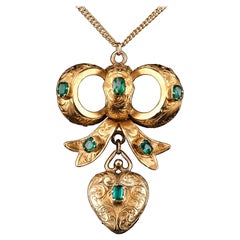 Antique Emerald 18K Gold Necklace Bow Heart Pendant - Victorian c.1880