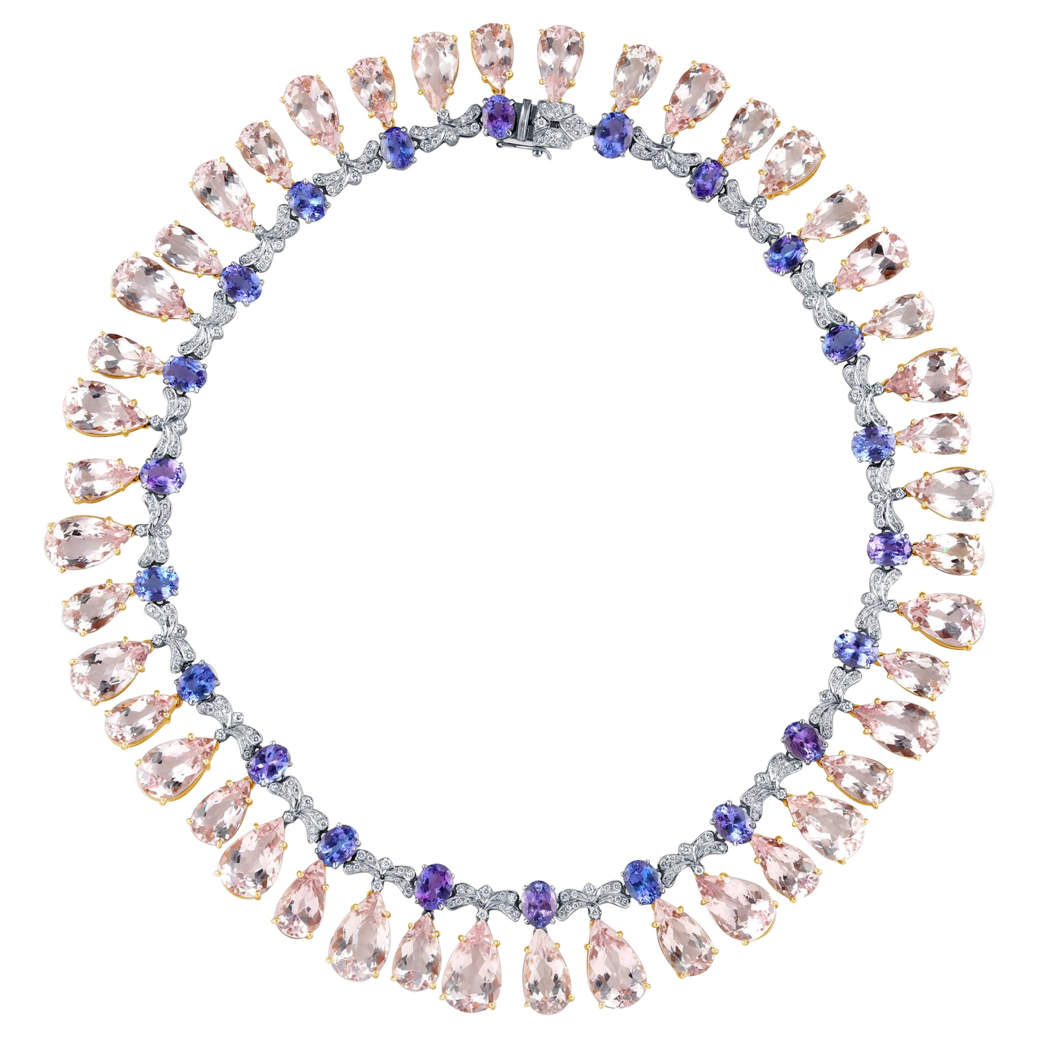 Morganite, Tanzanite And Diamond Necklace In 18K Rose Gold / White Gold