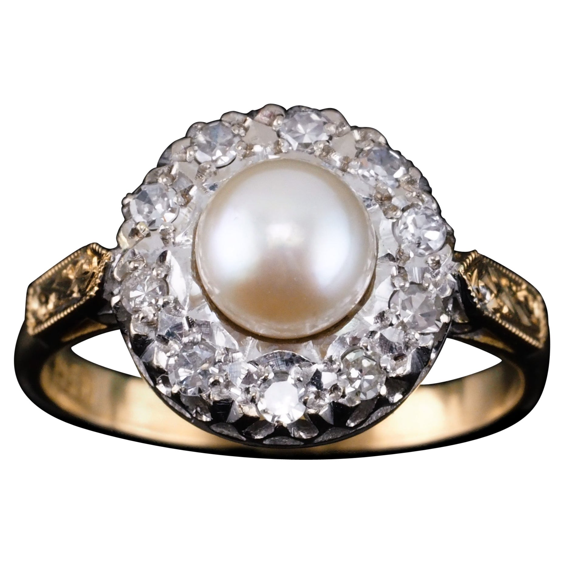 18K Gold Antique Pearl & Diamond Cluster Ring - c.1900s