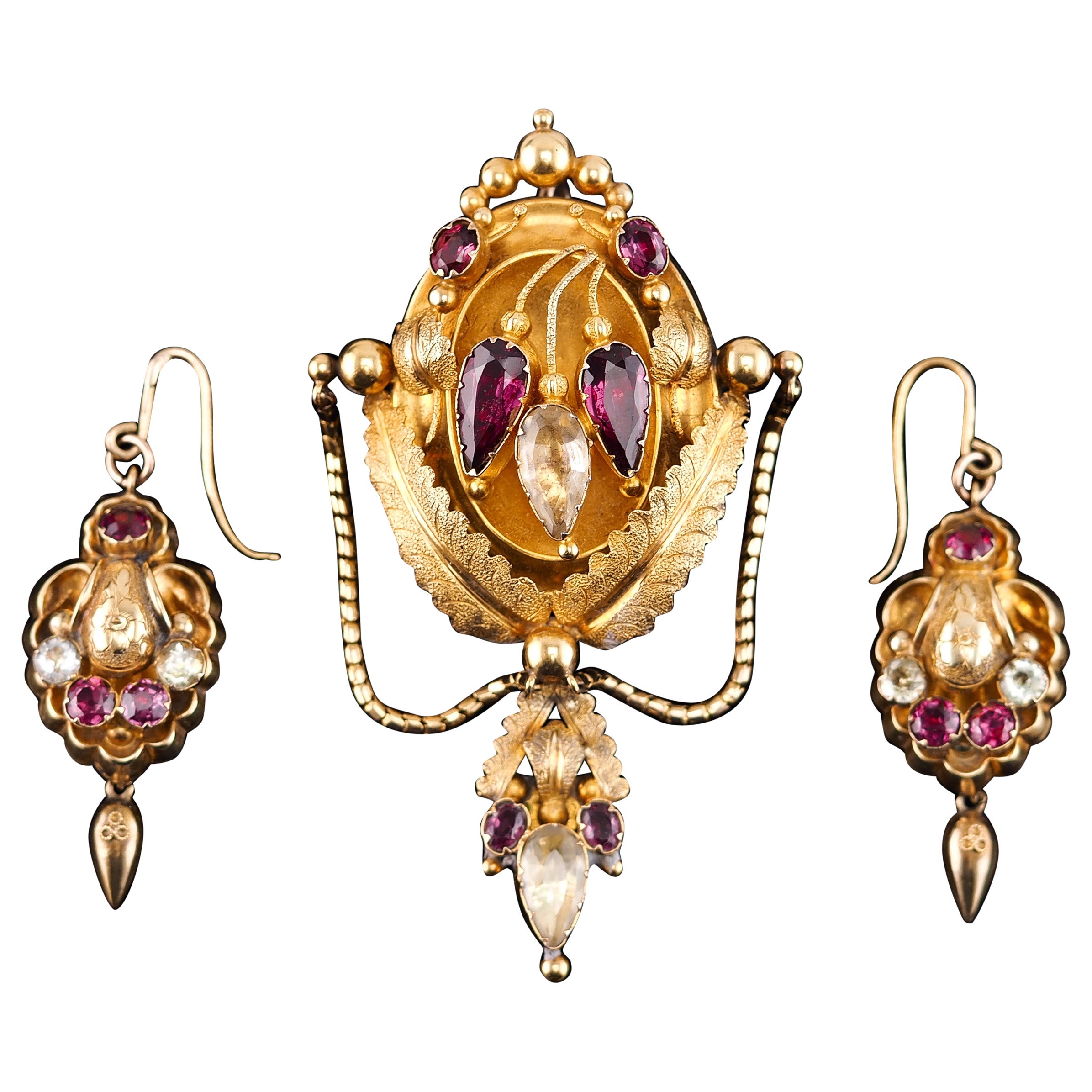 Antique 18K Gold Brooch Pendant & Earrings Garnet & Chrysoberyl - c.1870 For Sale