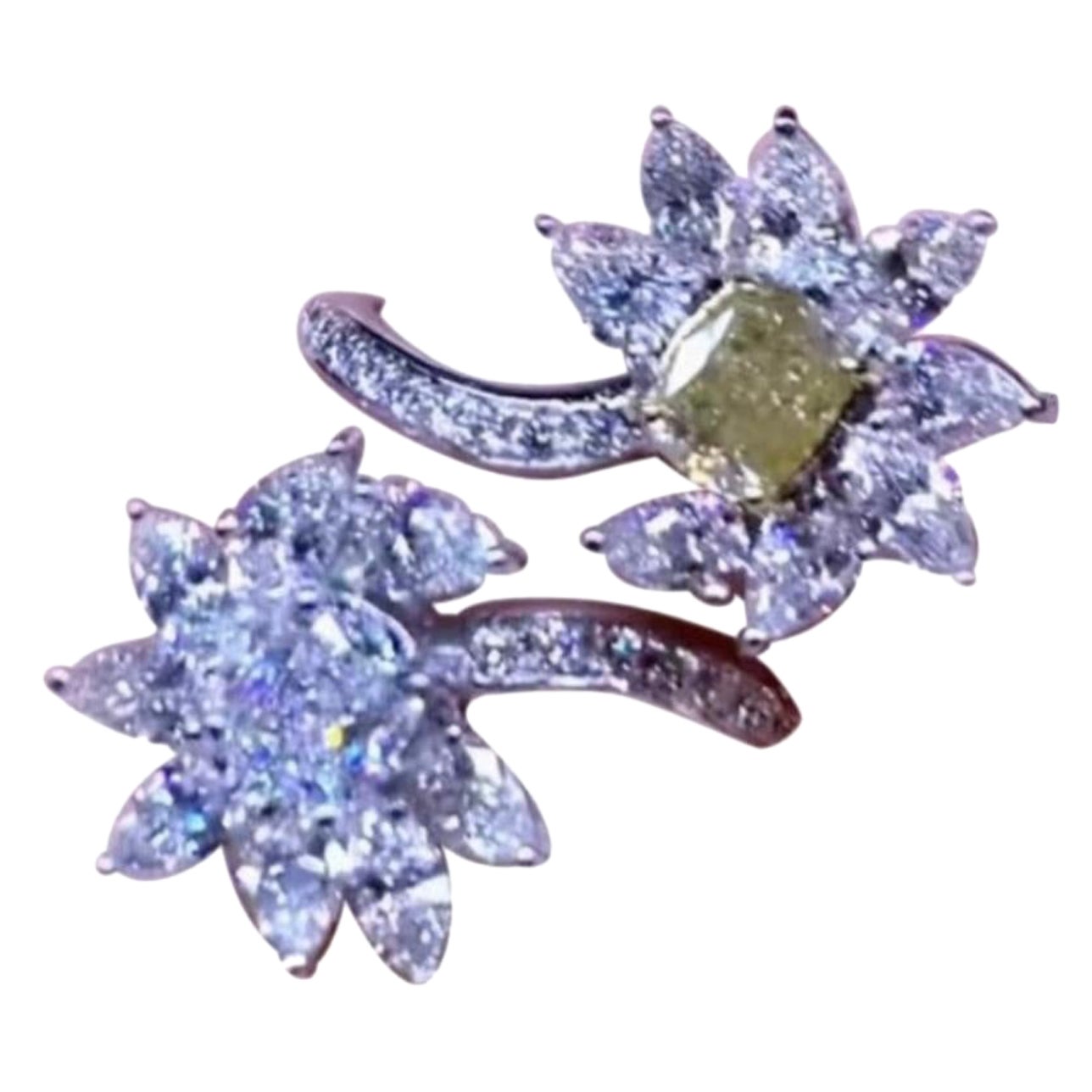 GIA Certified 2.00 Carats Diamonds  3.29 Carats Diamonds 18K Gold Flowers Ring  For Sale