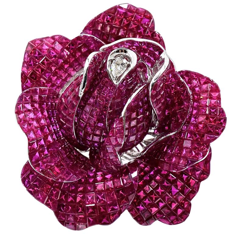 Invisibly Set Burmese Ruby Flower Brooch at 1stdibs