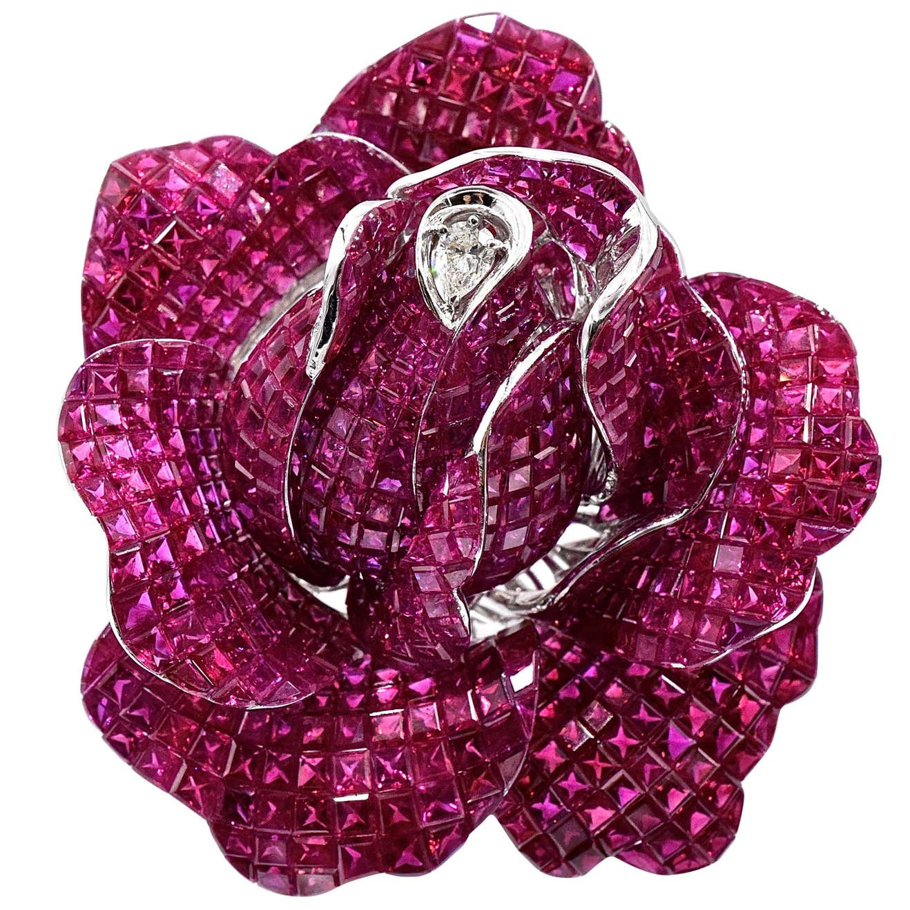 Invisibly Set Burmese Ruby Flower Brooch at 1stDibs